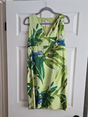 MaxMara Lime Green Tropical-Print V-Neck Midi Dress